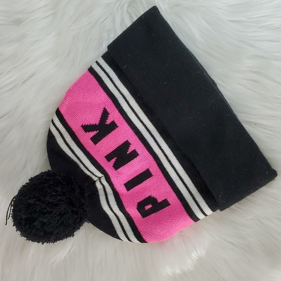 Victoria's Secret PINK Pompom Logo Knit Beanie Tobbogan Black & Pink One Size - Picture 8 of 10